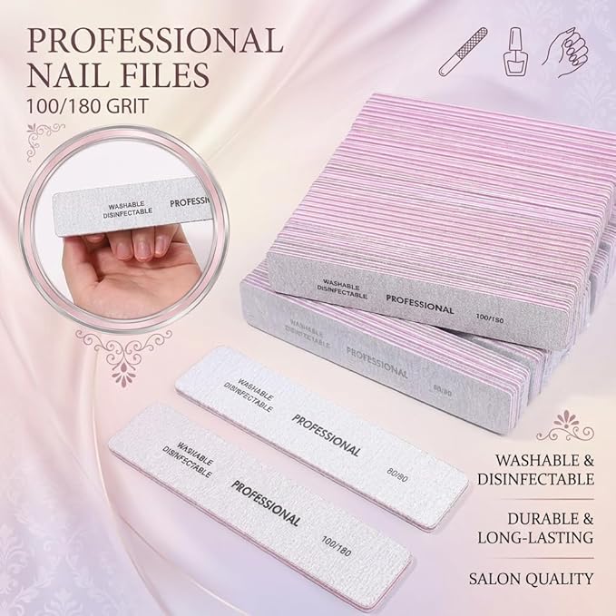 25PCS Professional Rectangular Emery Board Nail Files, 100/180 Grit Dual-Sided Buffer, Reusable Nail Filing Tools for Natural & Acrylic Nails, Home & Salon Manicure Supplies
