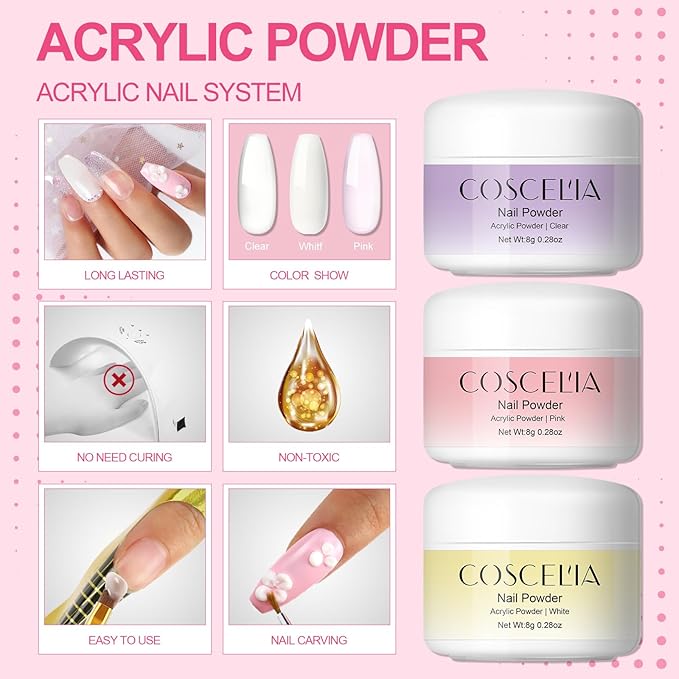 COSCELIA Acrylic Nail Kit for Beginners with Everything Professional Acrylics Powder 6pcs Gel Nail Polish 18pcs Glitter Decoration Powder Nails Kit Acrylic Set with Drill Light Gifts for Women