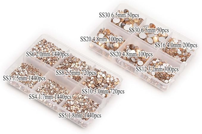NCB 8000pcs Non Hotfix Rhinestones 10 Sizes Flatback Crystal Glass Rhinestones with Tweezers and Picking Pen for Nail Art Clothes Bags Phone Decorations Crafts DIY (023 Champagne Mix SS3-SS30)