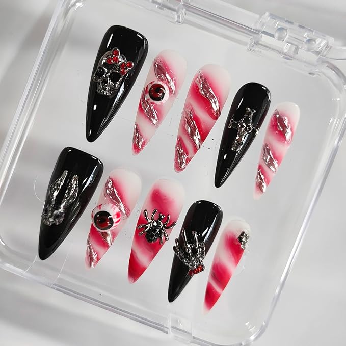 Halloween Handmade Press on Nails Long Almond 3D Nails Gothic Thick Acrylic Fake Nails Black&White False Nails with Eyeball Skull Spider Designs Sturdy Nail Art Press on Nails 10Pcs(S)