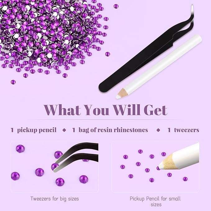 12000PCS 2mm Resin Rhinestones Bulk for Crafting (Dark Violet), Flatback Bedazzling Crystals for Crafts DIY Nail Decoration, Gems Charms for Tumbler Shoes Clothing Fabric with Pickup Pen and Tweezers