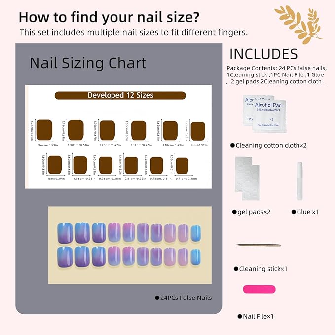Press On Nails Set, 2026 Spring Summer Collection, Sweet Purple Grape Gradient Ombre Fake Nails, Glossy Short Square False Nails with Adhesive Tabs (24PCS)