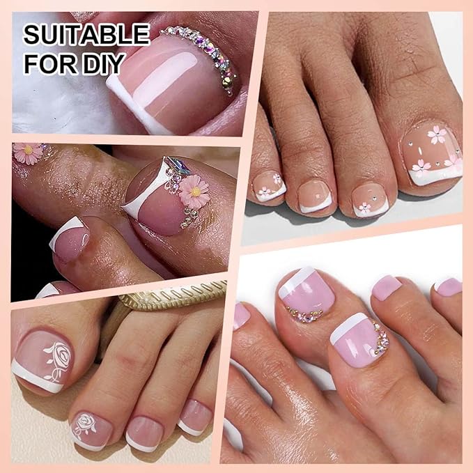216 Pcs French Tip Press on Toenails for Women Short Square Toe Nail Press ons Reusable Toenail Press ons Artificial Fake Toe Nails Full Cover Stick on Toe Nails for Nail Art Designs