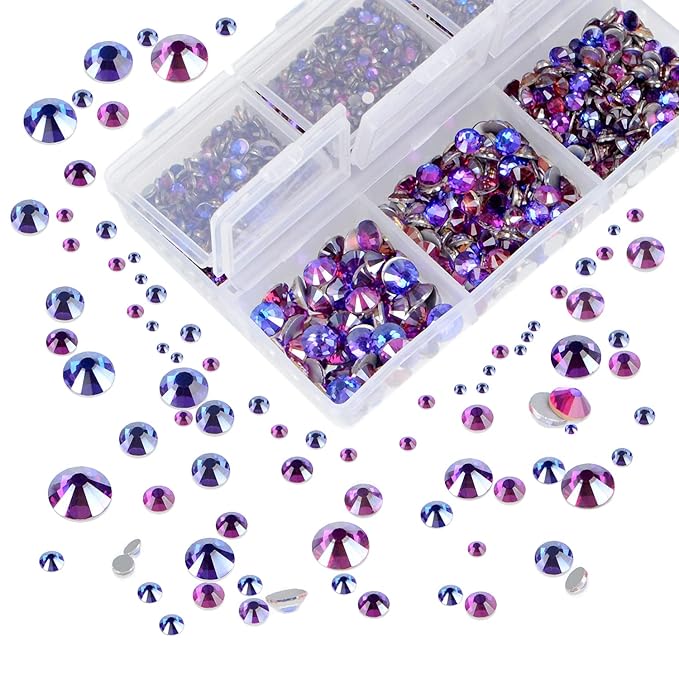 AD Beads 4300 Pieces Flat Back Nail Art Rhinestones Round Beads 6 Sizes (2-6.5mm) with Storage Organizer Box,Rhinestones Picking Pen for Nail Art Phone Decorations Crafts DIY (Purple Velvet)