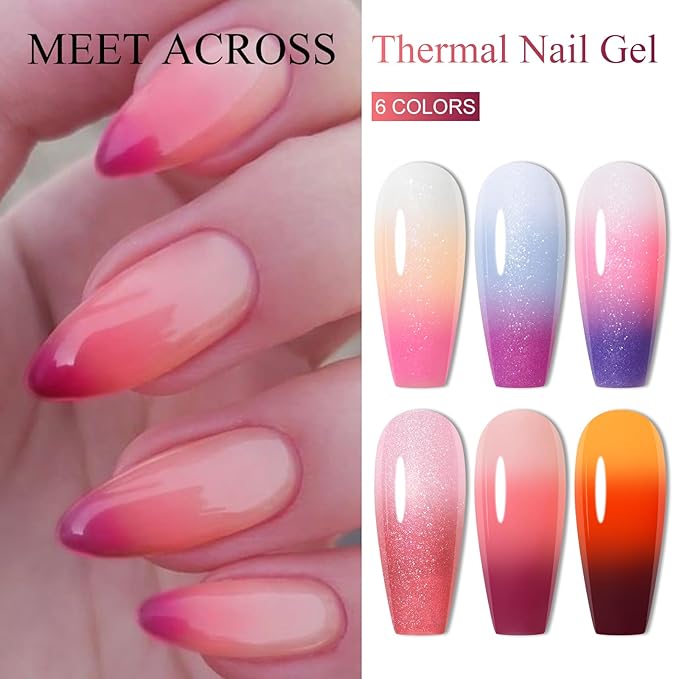 MEET ACROSS 8Pcs Glitter Color Changing Gel Nail Polish Set Pink Amber Color Changing Gel Polish Temperature Change Gel Polish Kit Manicure Gift 6 Colors