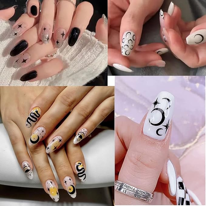8 Sheets Cloud Moon Nail Stickers, 3D Black White Design Self-Adhesive Nail Art Decals,Flame Starlight Butterflies DIY Manicure Decorations for Women Girls
