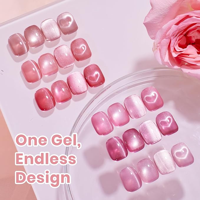 Beetles Misty Blush Glow Pink Cat Eye Gel Nail Polish Set - 6 Colors 15ML Glitter Pink Spring Cat Eye Gel Polish Kit Magnetic Effect Soak Off UV Nail Art DIY Manicure Gift for Women
