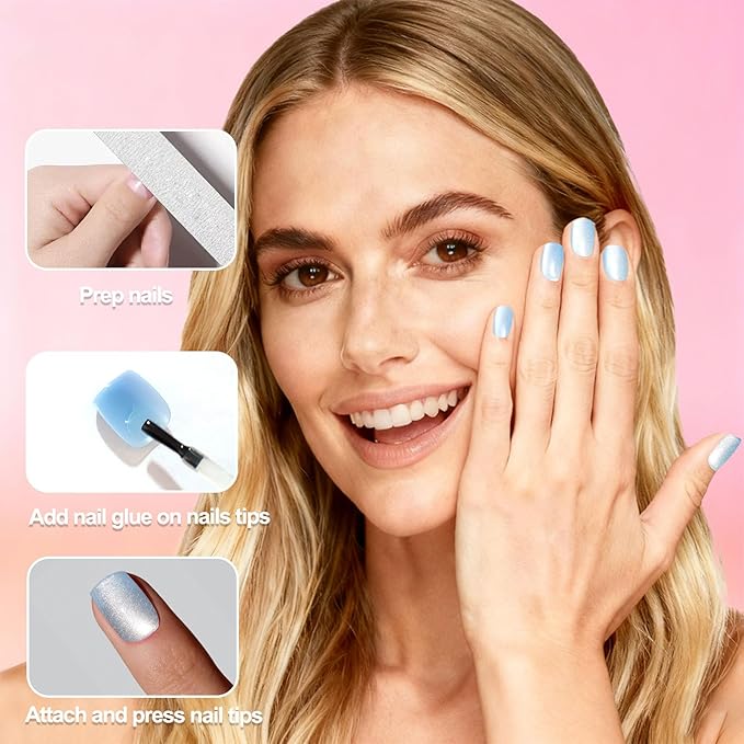 Allstarry Cat Eye Press on Nails, 15 Full Sizes Range Cat Eye Nails Press Ons 4 Colors Cateye Presson Nail for Women 120pcs Green Purple Blue Pink Glossy Short Square Fake Nail Tips Stick DIY Salon
