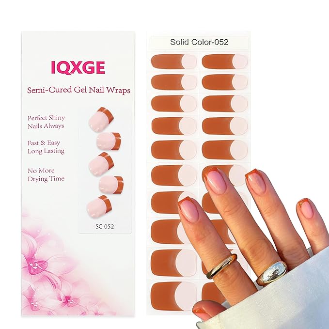 Dusty Red Semi Cured Gel Nail Strips French Tip 20Pcs Clear UV Gel Nail Stickers Glossy Nails Polish Strips UV/LED Light Needed Self Adhesive Full Polish Nails Wraps for Women