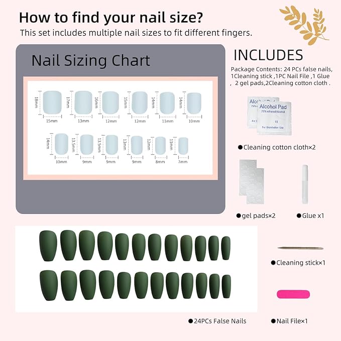 Matte Green Press-On Nails, Long Almond Fake Nails with Adhesive Tabs & Glue for Women (24 Pcs)