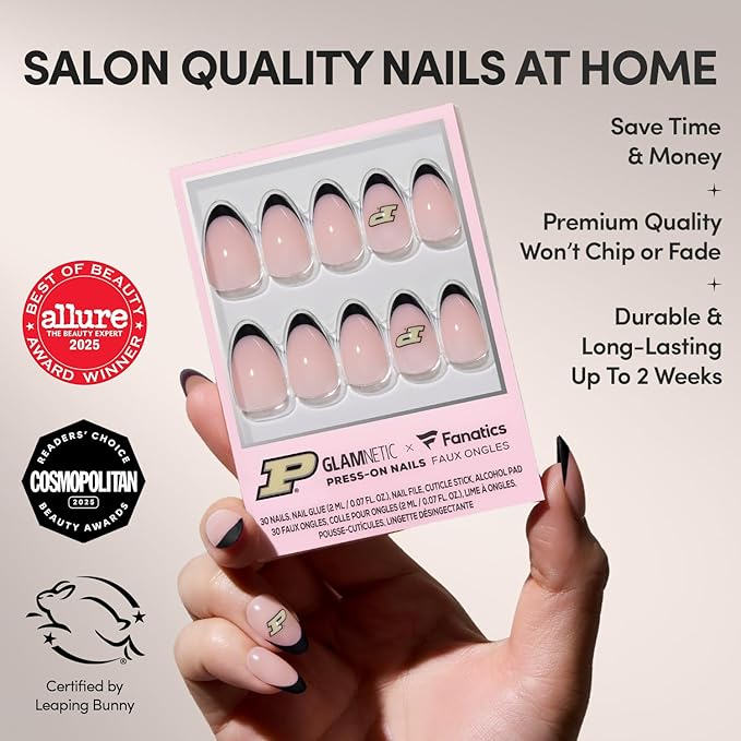 Glamnetic x Fanatics Press On Nails - Purdue Boilermakers | Short Almond Fake Nails, Collegiate Boilermakers Black French Tips, College Nails, Salon-Quality | 15 Sizes - 30 Nail Kit with Glue