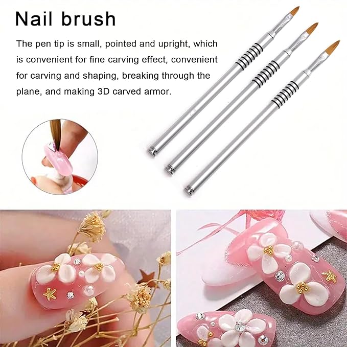 SILPECWEE 3Pcs Kolinsky 3D Nail Art Brush Set - Size 2/4/5#, Acrylic Nail Brush with Silver Metal Nonslip Grip Handle Polish Clean Up Manicure Sculpture Tools for Women Acrylic Application