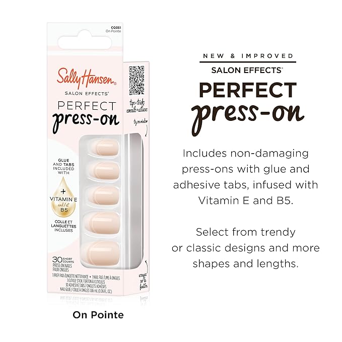 Sally Hansen Salon Effects Perfect Press-On Nails | Coffin Shape | Easy to Apply, Non-Damaging | 30 Nails, Nail Glue, Adhesive Tabs, File | On Point
