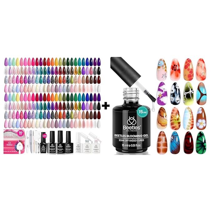 Beetles 100 Colors Gel Nail Polish Set, 119 PCS Kit All Season Cat Eye Pink Blue Jelly with Blooming Gel 15ml Clear Uv Led Blossom Nails for Spreading Effect Marblee