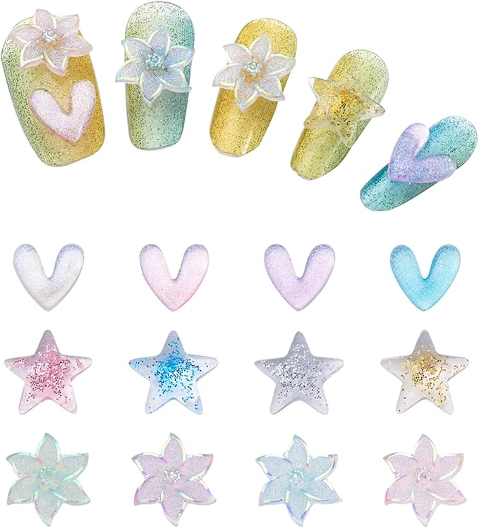 FASHEWELRY 240Pcs 3D Resin Nail Art Decoration Star Flower Heart Cabochons with Glitter Powder Studs for DIY Nail Art Decoration