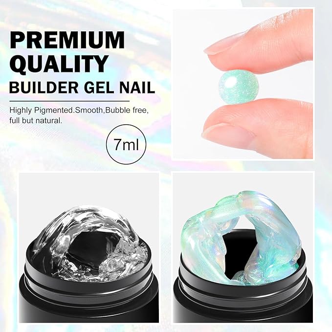 MEET ACROSS All-in-One Extension Mini Kit 2×7ml Non-Sticky Builder Gel Starter Kit WIth Base & Top Coat/Dual-Silicone Pen/Pro File/20-Pc Reusable Dual Forms Salon-Grade Extensions (Clear+Ultra Green)