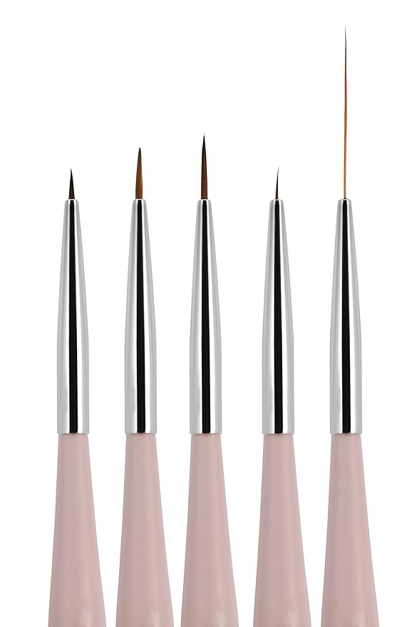 Beaute Galleria 5 Pieces Nail Art Brush Set with Liners (4mm, 7mm, 9mm) Striping Brushes (5mm, 25mm), for Thin Fine Line Drawing, Detail Painting, Striping, Blending, One Stroke