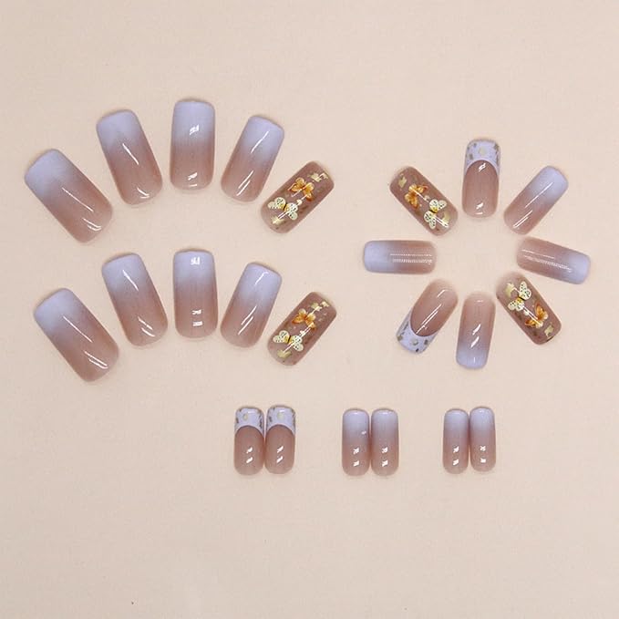 Butterfly Press on Nails Medium Square Fake Nails Purple French Tip False Nails with Designs Gold Foil Gradient Acrylic Glossy Glue on Nail Cute Artificial Stick on Nail for Women Manicure 24Pcs