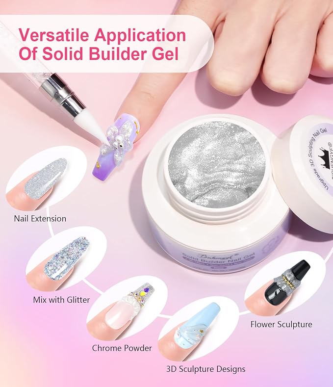 3D Gel Nail Art - Non-Sticky Sculpting Gel for Nails Clear Silver Aurora Solid Builder Nail Hand Carving U V/LED Extension Gels with 3D Mold Art Home DIY
