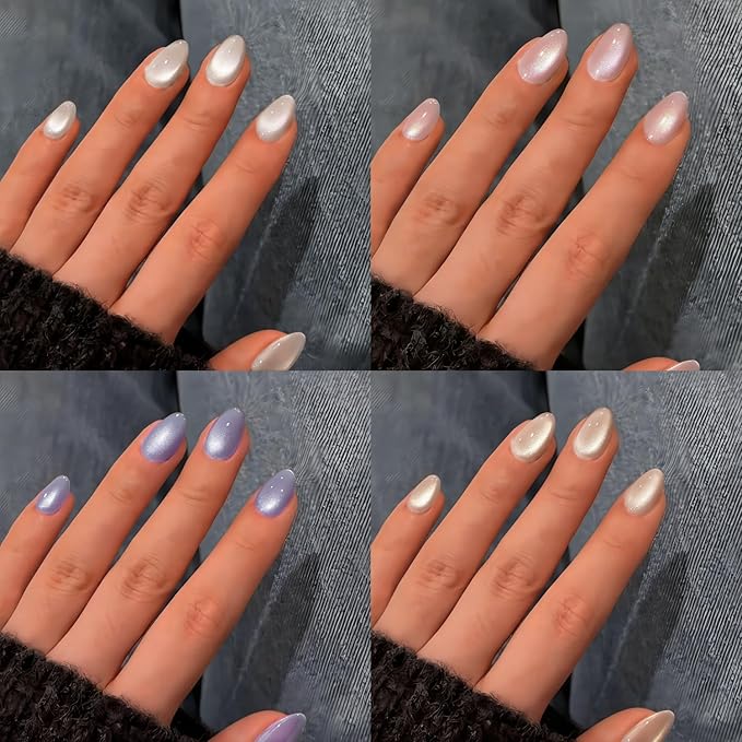 KQueenest 4 Packs Cat Eye Press On Nails Short Oval, Chrome Press On Nails for Women, Pastel Short Fake Nails Press Ons Almond, Glitter Glue On Nails for Daily Party, 96 Pcs False Nails Kit