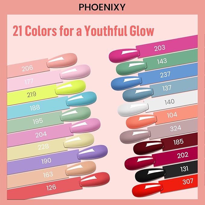 Phoenixy 24Pcs Gel Nail Polish, 21 Colors Gel Nail Polish Kit Burgundy Red Green Purple with Base Coat Glossy Matte Top Coat for Beginners Nail Art at Home PCB9029