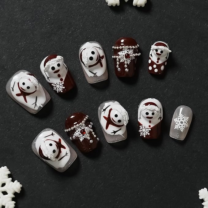 3D Snowman Press on Nails Short Coffin - 3D Embossed Burgundy Red and White Press-on Nails with Snowflakes, Necklace False Nails for Winter (Squeeze Snowman, S)