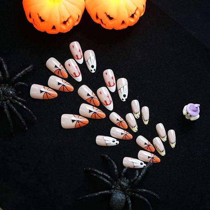 24 Pcs Halloween Press on Nails, French Almond Fake Nails, Glossy Acrylic False Nail with Ghost Pumpkin Blood Stain Designs, Stick on Nails for Women and Girls