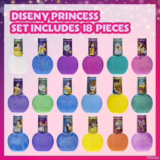 Townley Girl Disney Princess Belle 18 Piece Water-Based Nail Polish Set, Quick Dry and Peels-Off, Nail Paint Set for Girls Ages 3