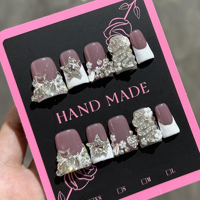Handmade Press on Nails Rhinestones Snake False Nails Short Duck Shaped Fake Nails White French Acrylic Nails Full Cover Reusable Love Heart Rhinestones Fake Nails for Women Girls Accessories (Size M)