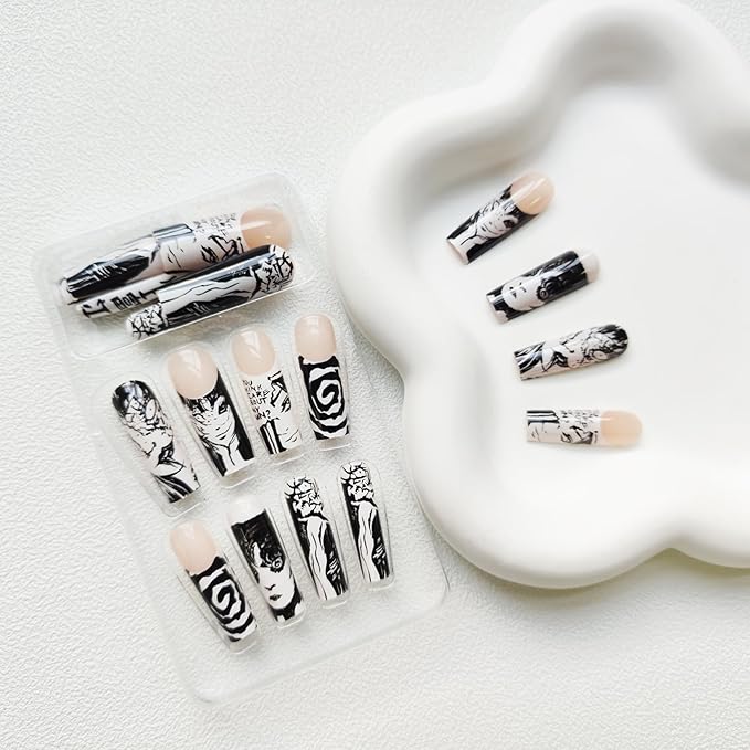 Long Black White Halloween Anime False Nails - Square, Full Cover Glossy Acrylic Artificial Nails - Stick On for Women with Design