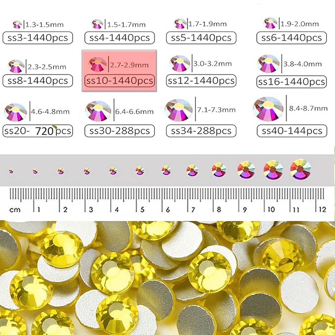 Dowarm 1440 Pieces SS10 Flatback Rhinestones, 2.8MM Flatback Crystal Rhinestones for Craft, Nails, Dance Costumes, Non Hotfix (Citrine/Lemon Yellow)