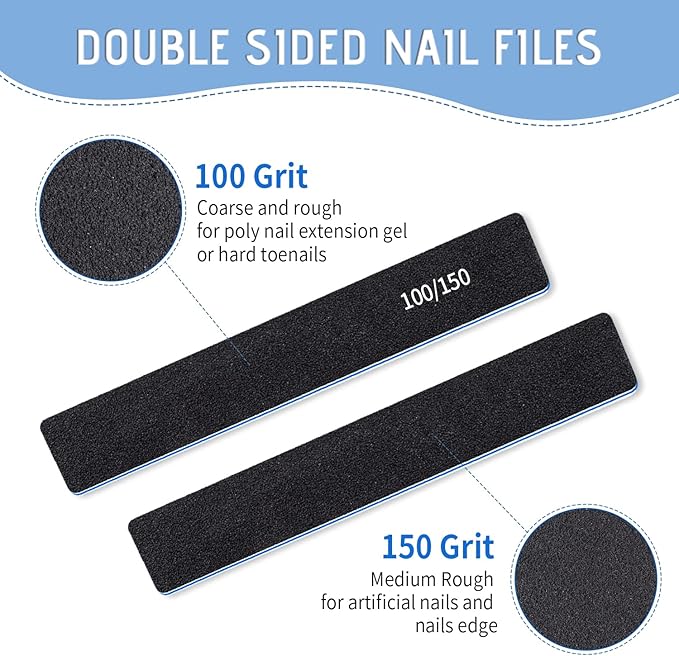 12 Pcs Double Sided Emery Boards 100/150 Grit for Acrylic/Gel Nails - Washable Finger File Boards for Home and Salon Use