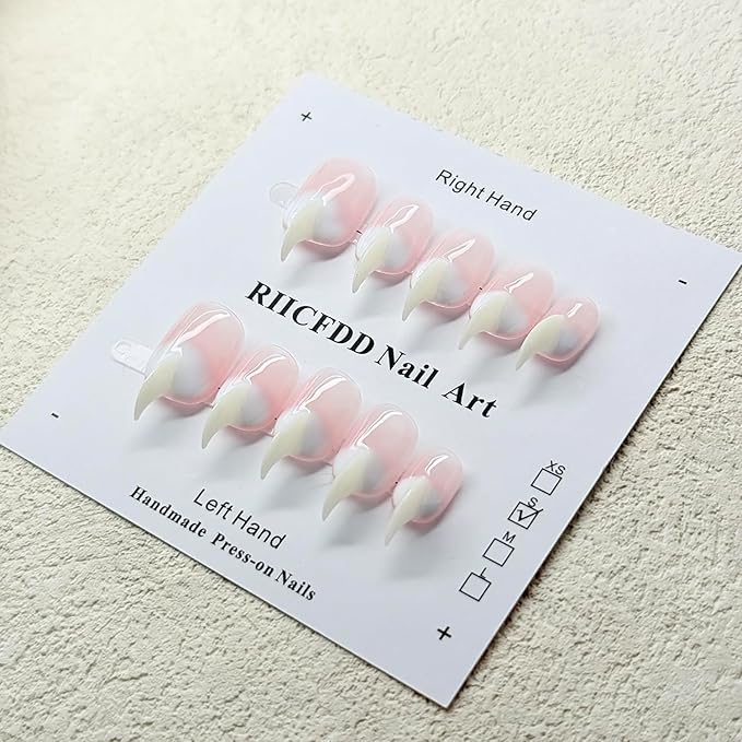 10 Pcs Handmade Press on Nails Medium Curved Stiletto Cat Claw Fake Nails Unique Pink White Designs Thick 3D Cat Claw Nails Press Ons Reusable Glossy Acrylic French Gradient Stick on Nail (S)
