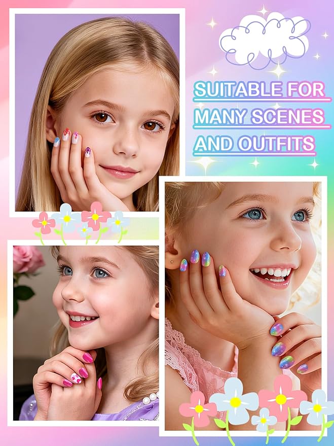 72 Pieces Press on Nails Girls, EBANKU 3 Pack Children False Nail Full Cover Short Acrylic Nails for Girls Kids Nail Art Decoration With Nail Glue