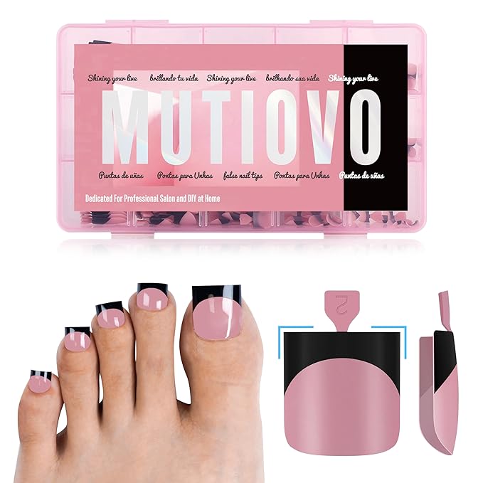 Toe Nail Tips Press on Black French Tip, BERRY PINK, Long/Medium Wide Fake Toenails, Full Cover Sharp Square Pre-Designed Soft Gel False Toenail Acrylic Extension for DIY 15 Sizes 240 pcs