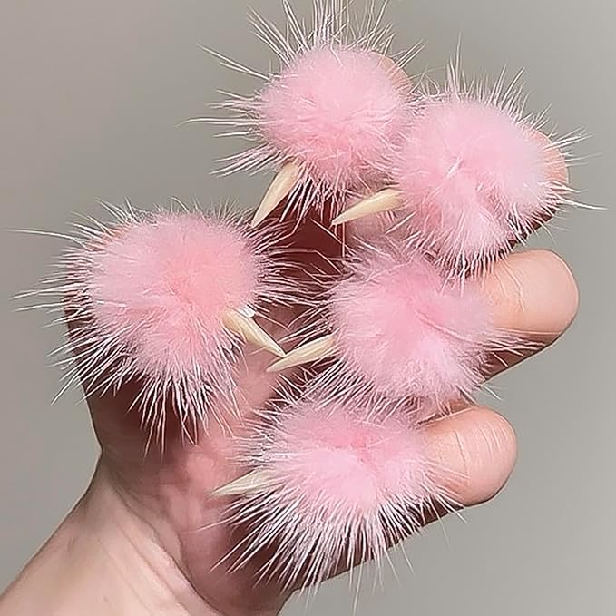 Halloween Press on Nails Luxury Medium Stiletto Handmade Eagle Claw Unique Reusable ABS Material Curved Fake Nails Dragon Cat Claw False Nails with Pink Fur Glossy Glue on Nail Thick Acrylic Nail(M)