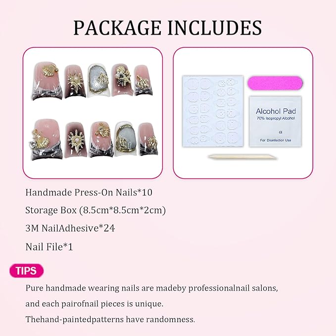 Handmade Press on Nails Thicked Acrylic Fake Nails Gray Gradient French Tip False Nail with 3D Golden Seashell Starfish Sea Turtle Designs Full Cover Short Duck Acrylic Nail for Women（S)