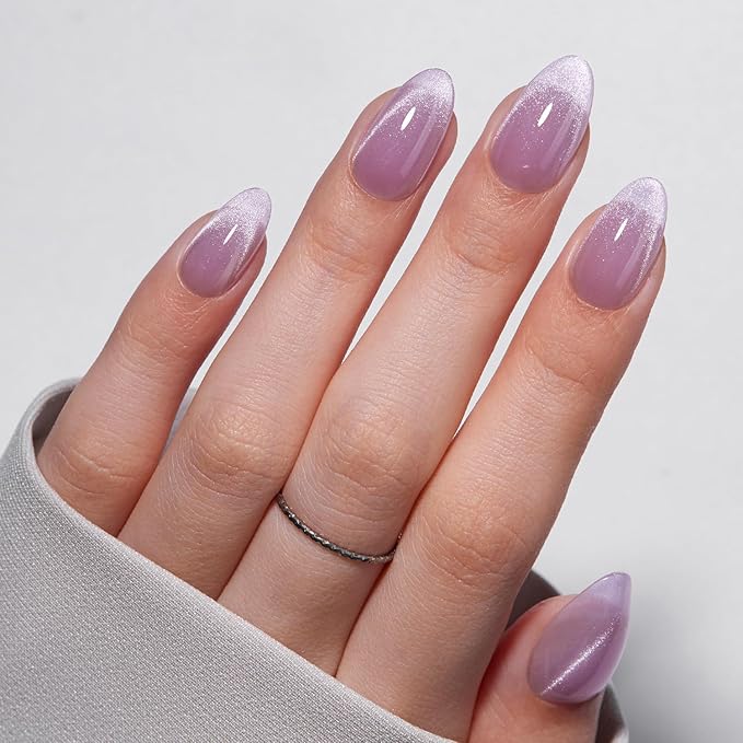 VSALON Press On Nails Short Almond, Light Purple Cat Eye French Tip Fake Nails, Semi-transparent Reusable Stick On False Nails, 32 Pcs in 16 Sizes with UV Glue Nails Kit, Valentines Gift for Women