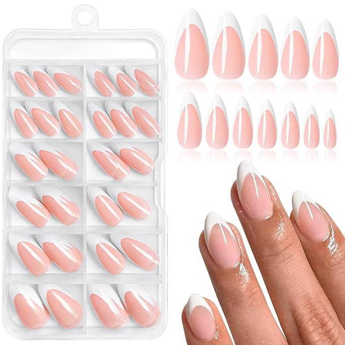 120PC White French Tip Press on Nails Medium Fake Nails Press ons with 5*Adhesive Tabs, Pink Almond Acrylic Nail Press on Nail French Tip Nails False Artificial Fingernails Stick on Nails-K