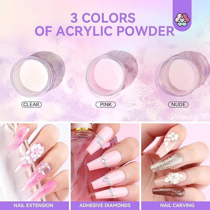 SAVILAND Acrylic Nail Kit for Beginners: Clear Nudes Pink Acrylic Powder and Liquid Set with #12 Acrylic Nail Brush Cuticle Oil Pen Forms Tools Extension Nail Kit with Everything Home DIY