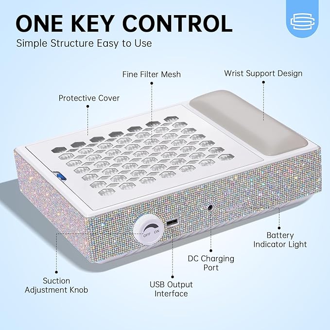 Nail Dust Collector, Cordless Dust Collector Nail Tech, Professional 550PA Vacuum Fan Vent Dust Extractor Quiet Dust Suction Machine for Acrylic Nails Polishing, Nail Salon&Home