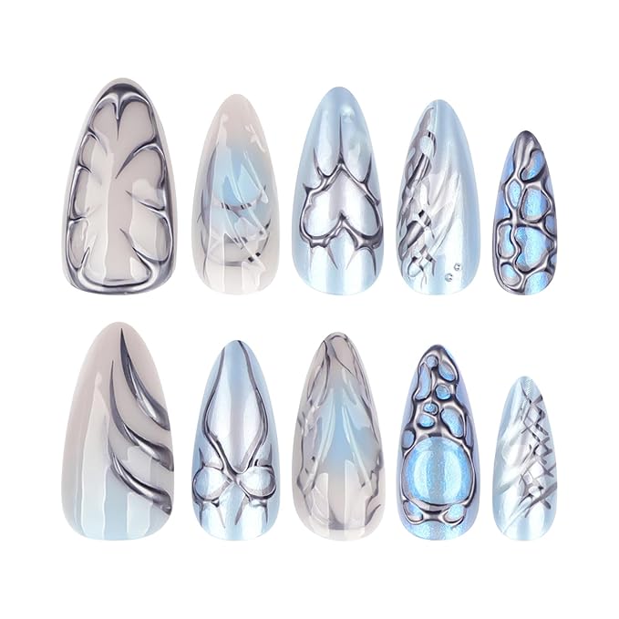 Press on Nails Almond - Blue Fake Nails with Bow Heart Desgin - Y2k, Medium False Nails Press ons - for Women 24 Pcs