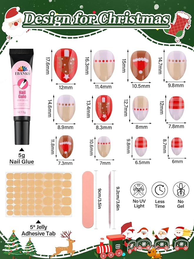 EBANKU Christmas Kid Press on Nails, 72Pcs Xmas Almond Fake Nails Kit Full Cover Christmas Theme Design False Nail with Nail Glue for Girl