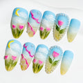 Sun&Beam Nails Handmade Medium Long Almond Blue White False Nail Tips with Cute 3D Flower Pearl Popular Charm Design Press On Nails 10 Pcs (#66 M)
