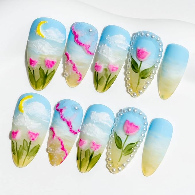 Sun&Beam Nails Handmade Medium Long Almond Blue White False Nail Tips with Cute 3D Flower Pearl Popular Charm Design Press On Nails 10 Pcs (#66 L)