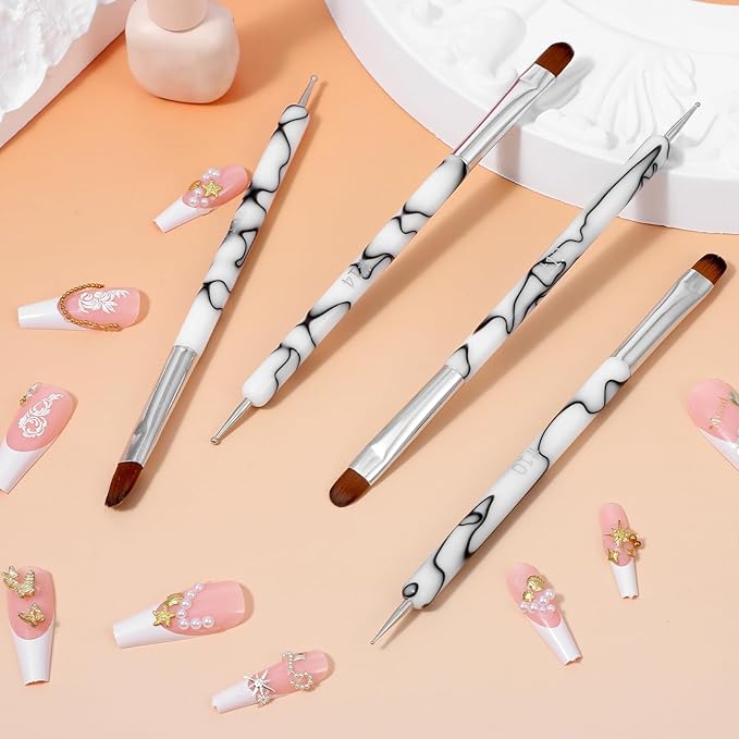 4 Pcs French Gel Nail Brushes, Double Head Acrylic Nail Art Brush with Dotting Tool, French Tip Brush, Professional Manicure Tool for DIY Nails Salon (10# 12# 14# 16#)