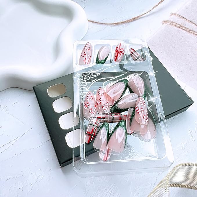 24 Pcs Christmas Press on Nails Short Almond Xmas Bow Fake Nails with Designs French Tip False Nails Line Glue on Nails Full Cover Glossy Artificial Nails for Women Girl Holiday Nail Decoration