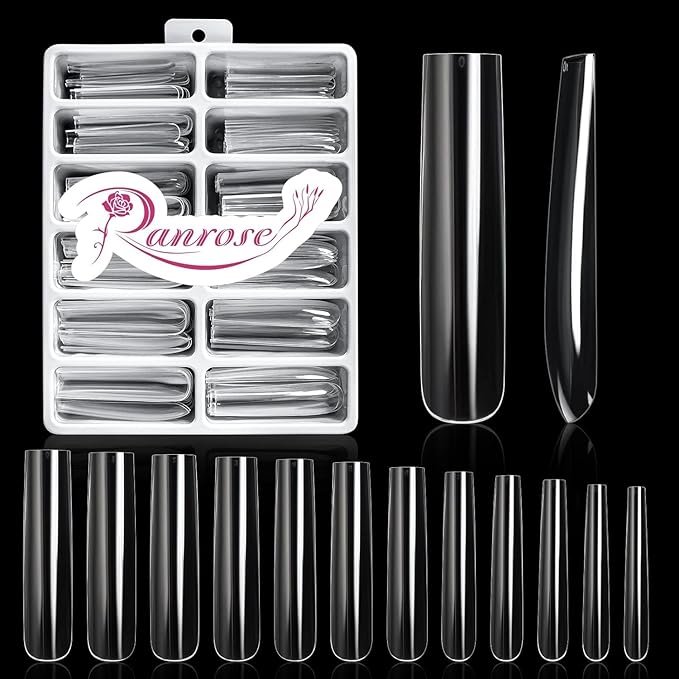Ranrose Extra Long Nail Tips, 240PCS XXXL Long Square Acrylic Nails Full Cover Clear Long Straight Tapered Square Nail Tips 12 Sizes Pre-shaped Fake Nails for DIY Press On Nail Extensions for Women