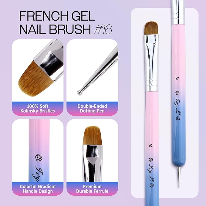 Ivy-L Premium 2 Way French Gel Acrylic Nail Art Kolinsky Brush With Dotting Tool for Professional Manicure Cuticle Clean Up Nail Art Design, Pink Blue Wood Handle (Size 16)