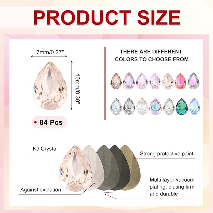 MECCANIXITY Teardrop Rhinestones 7x10mm, 84 Pcs Pointed Back K9 Glass Shiny Drop Shaped Rhinestones Crystal Gems for DIY Jewelry Making Crafts, Champagne AB